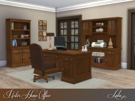 sims 4 cc // custom content decor clutter furniture // the sims resource //    Lulu265's Porter Home Office Large Wooden Desk, Academia House, Wooden Office Chair, Disney Furniture, Rustic Desk, Sims 4 Cc Furniture, Study Rooms, Cc Sims, Office Set