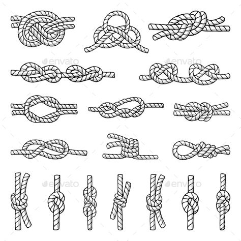 Illustrations of Different Nautical Knots Nautical Knot Tattoo, Boat Knot Tattoo, Rope Knot Drawing, Rope Tattoo Design, Tattoo Knot, Anchor Knot, Knot Illustration, Marine Knots, Knot Drawing