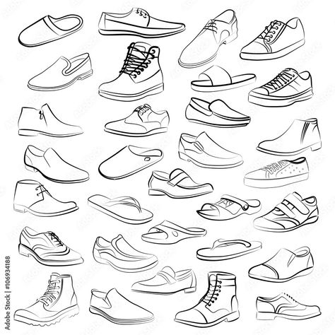 Vector set of men shoes painted lines in minimalist style Stock Vector | Adobe Stock Design Shoes Drawing, Shoes Drawing Reference Sneakers, Shoes Drawing Reference, Shoe Drawing, Drawing With Pencil, Draw Tutorial, Shoe Sketches, Shoes Illustration, Anime Drawing Books