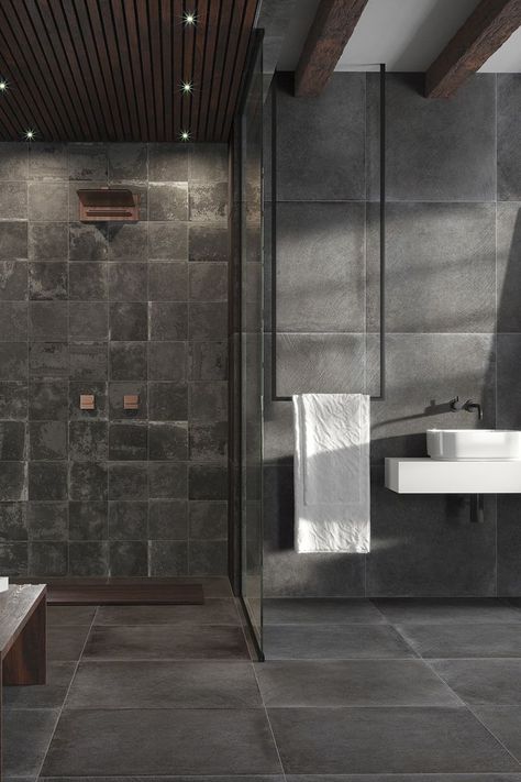 Modern Slate Bathroom, Black Stone Bathroom, Dark Floor Bathroom Ideas, Black Rock Shower Floor, Dark Stone Tile Bathroom, Basalt Bathroom, Dark Floor Bathroom, Basalt Bathroom Floor, Dark Gray Tile Bathroom Tilebar