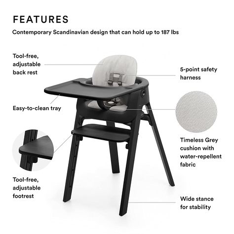 Stokke Steps Complete, Black - 5-in-1 Seat System - Includes Baby Set, Tray & Cushion - for Babies 6-36 Months - Chair Holds Up to 187 lbs - Tool Free & Adjustable Stokke Steps, Baby Protection, Grey Cushions, Baby Set, Water Repellent Fabric, Hold Ups, Baby Sets, Scandinavian Design, Hold On