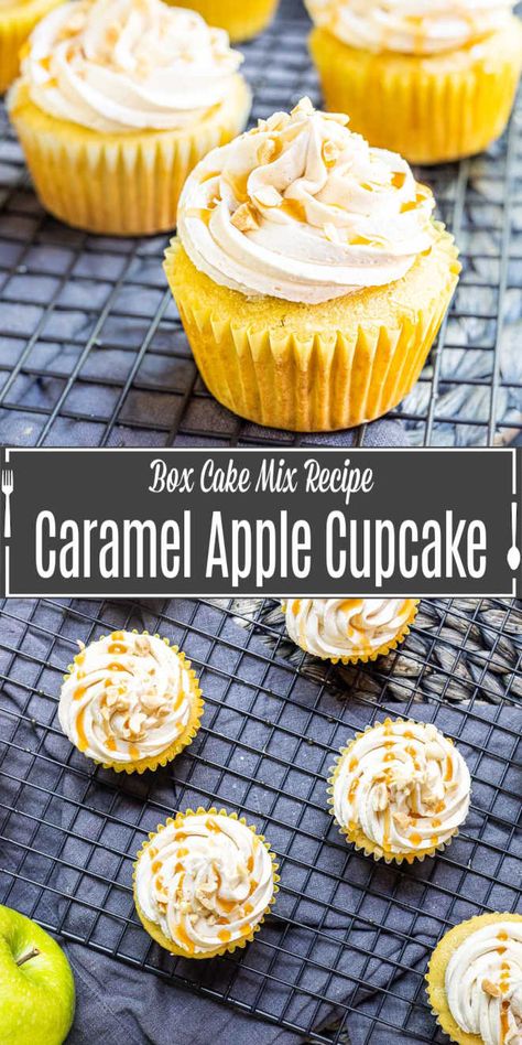 Frosted caramel apple cupcakes with a drizzle of caramel sauce on top Apple Cupcakes Recipe, Caramel Apple Cupcakes, Cupcake Recipes From Scratch, Delicious Cupcakes Recipes, Boxed Cake Mixes Recipes, Caramel Apples Easy, Apple Cupcakes, Easy Caramel, Easy Cupcake Recipes