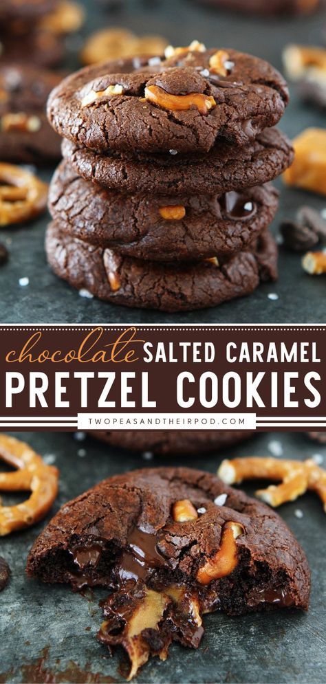 Chocolate Salted Caramel Pretzel Cookies Cheat Desserts, Chocolate Pretzel Cookies, Creative Deserts, Caramel Pretzel Cookies, Fancy Deserts, Salted Caramel Pretzels, Chocolate Caramel Pretzels, Pretzel Cookies, Salted Caramel Cookies