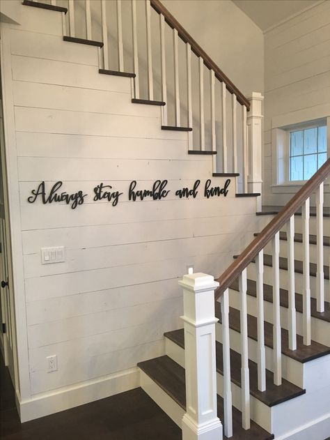 Shiplap Staircase, Farmhouse Staircase, White Stairs, White Staircase Shiplap Stairway Wall, Staircase Farmhouse, Shiplap Stairwell, Shiplap Staircase, Staircase White, Stairs Handle, Stairs Skirting, Wrought Iron Spindles, Stairs White