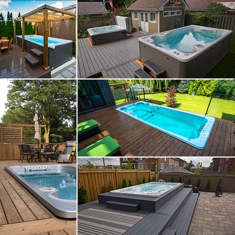 Whether you place it on a deck, in a deck or beside a deck; Hydropool swim spas look incredible! Swim Spa Deck, Swim Spa Landscaping, Spa Deck, Spa Landscaping, Raised Deck, Patio Plans, Swim Spas, Enclosure Ideas, Deck Installation