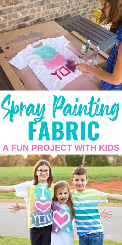 Grab a plain t-shirt and some fabric spray paint because these spray painted fabric shirts are easy to make. A fun craft project for kids of all ages. #spraypaintedshirts #kidscraftproject Spray Painting Fabric, Spray Paint Shirt, Fabric Spray Paint, Fabric Paint Shirt, Painting Fabric, Tshirt Painting, Paint Shirts, Puff Paint, Fabric Spray