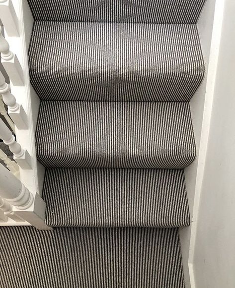 Stair Carpet Installed In Belgravia | The Flooring Group Hall And Stairs Carpet, Striped Hallway Carpet, Carpeted Hallway Ideas, Dark Grey Carpet Stairs, Patterned Stair Carpet Ideas, Stair And Landing Carpet Ideas, Striped Stair Carpet, Hall Carpet Ideas, Modern Carpet Stairs