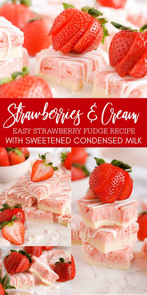 Strawberries and Cream Fudge Recipe! Easy Strawberry Fudge with Sweetened Condensed Milk. A simple fudge recipe with a white chocolate fudge layer on the bottom! #lemonpeony #strawberryfudge #strawberriesandcream Fudge Recipes Pumpkin, The Best Fudge Recipes, Sweetened Condensed Fudge, How To Wrap Fudge Packaging Ideas, Sweet Snack Recipes Simple, Cotton Candy Fudge Recipes, Sweet Condensed Milk Fudge, Things To Do With Condensed Milk, Whipped Condensed Milk