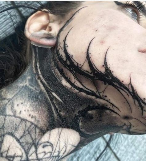 Neck Chin Tattoo, Neck And Jaw Tattoo, Blackwork Throat Tattoo, Jawline Tattoo Guys, Phoenix Throat Tattoo, Dark Ornamental Tattoo Neck, Tattoo On Jawline, Goth Face Tattoo, Jawline Tattoo Women