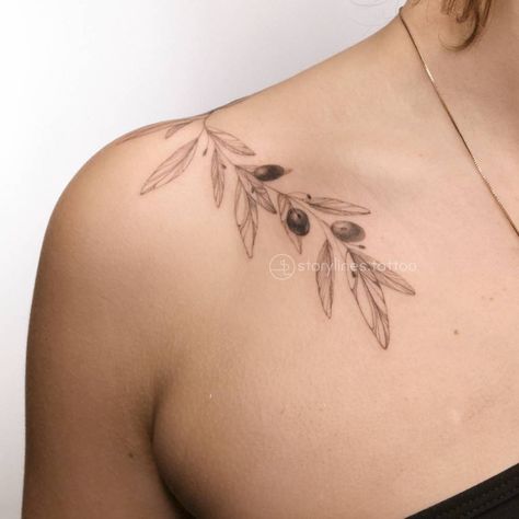 Olive Branch Tattoo Shoulder, Branch Spine Tattoo, Olive Branch Spine Tattoo, Tattoo Clavicle, Olive Branch Tattoo, Branch Tattoo, Spine Tattoo, Olive Branch, Shoulder Tattoo