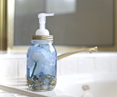 Easy Soap Dispenser Craft Blue Soap, Gorilla Glue, Bathroom Soap Dispenser, Fancy Buttons, Water Beads, Mason Jar Lids, Soap Pump, Faux Succulents, Jar Lids