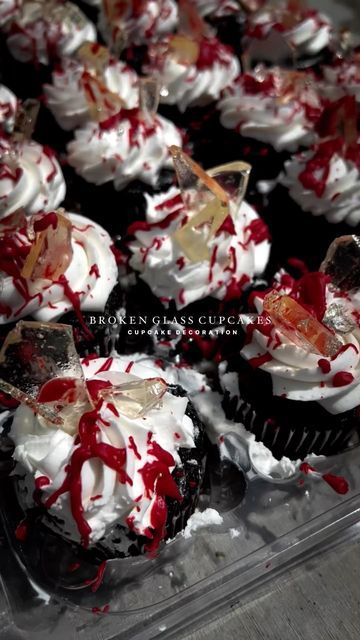 Stefanie Bell | Lazy Cook✨ on Instagram: "They’re back!🩸☠️🩸Broken Glass Cupcakes for Halloween! ❤️🖤 I love making these because not only are they so easy, but it’s impossible to f**k them up. They are a bloody chaotic mess and I can’t get over how real the “glass” looks. I ordered two dozen cupcakes from the grocery store so I could get straight to decorating. They would obviously be better homemade if you’re not as lazy as me;) Red velvet with cream cheese frosting next time!😋😋😋 . Ingredi Broken Glass Cupcakes, Glass Cupcakes, Dozen Cupcakes, Cupcakes For Halloween, White Chocolate Candy, Melting White Chocolate, Blue Food Coloring, Chocolate Candy Melts, With Cream Cheese Frosting