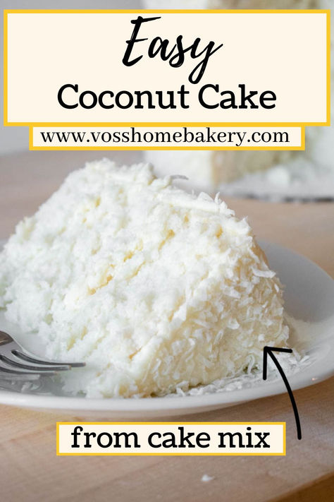 Slice of moist coconut cake with creamy coconut frosting and shredded coconut topping on a white plate. The Salty Cooker Coconut Cake, Coconut Flavored Cake, Delicious Creamy Coconut Cake, Coconut Cake From Cake Mix Boxes Easy, Coconut Box Cake Mix Recipes, Italian Coconut Cream Cake, Coconut Cake Recipe With Box Cake, White Coconut Cake, White Coconut Cake Recipes