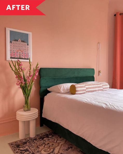 After: Bedroom with green velvet headboard and pink walls Emerald Green Pink Bedroom, Green Velvet Headboard, Brass Bedroom, Peach Bedroom, Grown Up Bedroom, Green Headboard, Peach Walls, Pink Bedroom For Girls, Coral Walls