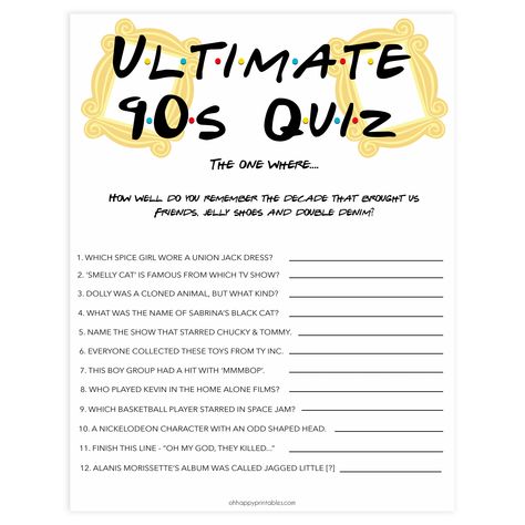 ultimate 90s quiz, 90s quiz game, Printable bachelorette games, friends bachelorette, friends hen party games, fun hen party games, bachelorette game ideas, friends adult party games, naughty hen games, naughty bachelorette games Friends Bridal Shower Theme, 90s Quiz, Funny Bachelorette Games, Union Jack Dress, Bachelorette Game, Gold Bachelorette, L Names, Funny Bachelorette, Awesome Bachelorette Party