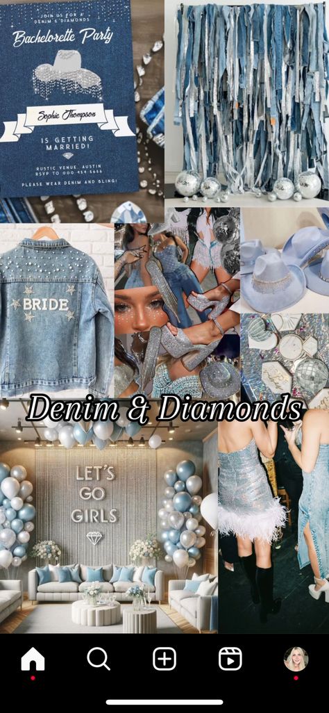 Disco Denim Bachelorette, Denim Cowgirl Outfit Bachelorette, Demin And Diamonds Theme Party, Denim And Diamonds Wedding, Disco Cowgirl Party Blue, All Denim Bachelorette Party, Denim And Diamonds Bridal Shower Ideas, Denim And Rhinestone Outfit Bachelorette, Denim Disco Party