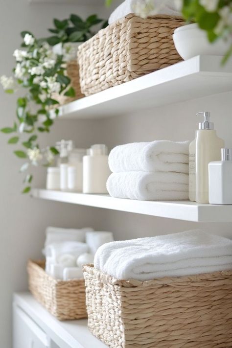 Optimize your bathroom storage with creative, space-saving ideas. Install floating shelves, over-the-toilet storage units, or corner cabinets to make use of every inch of space. Use drawer organizers for small items, and consider using baskets or bins for larger items under the sink. Hooks and towel bars mounted on the back of the door can also add extra storage without taking up floor space. 🚿📚 Bathroom Storage Diy, Small Bathroom Storage Diy, Small Bathroom Shelves, Over Toilet Storage, Bathroom Storage Hacks, Bathroom Towel Storage, Small Bathroom Diy, Bathroom Vanity Storage, Space Saving Bathroom