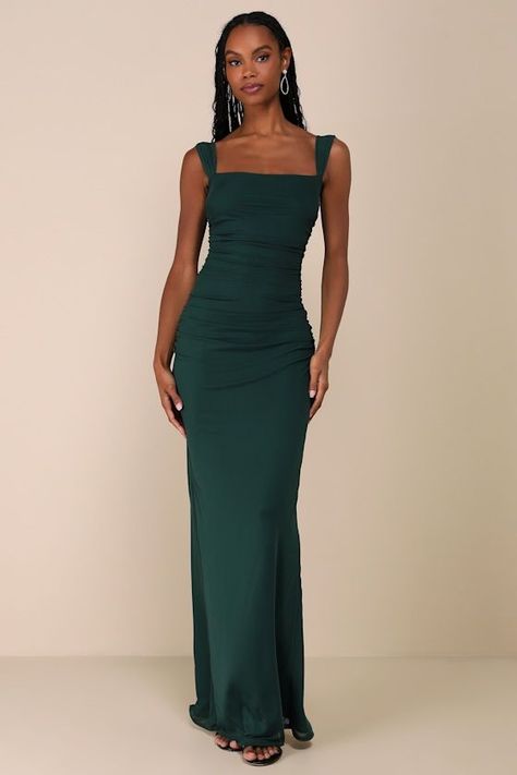 Deep Green Dresses, Square Neck Floor Length Dress, Long Sleeve Olive Green Dress, Green Homecoming Dresses Long, Dark Green Wedding Guest Dress, Dark Sage Green Bridesmaid Dresses, Dark Green Dress Formal, Long Dark Green Dress, Green Dress Simple