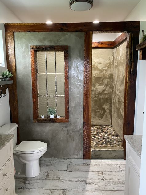 Master bathroom shower with reclaimed window and wood beams. Walkin Shower Ideas, Diy Shower Door, Unique Shower Doors, Bathroom Remodel Plans, Rustic Bathroom Shower, 2024 Bathroom, Doorless Shower, House Upgrades, Cabin Bathroom