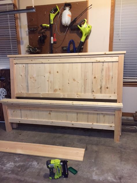 Rustic King Size Bed Frame Diy, King Size Farmhouse Bed Diy, Farmhouse Bed Frame Diy King, King Size Bed Frame Wood, Building King Size Bed Frame, King Size Shiplap Headboard Diy, Ann White Furniture Plans, King Size Bedframe Ideas, Diy King Bed Frame For Adjustable Bed