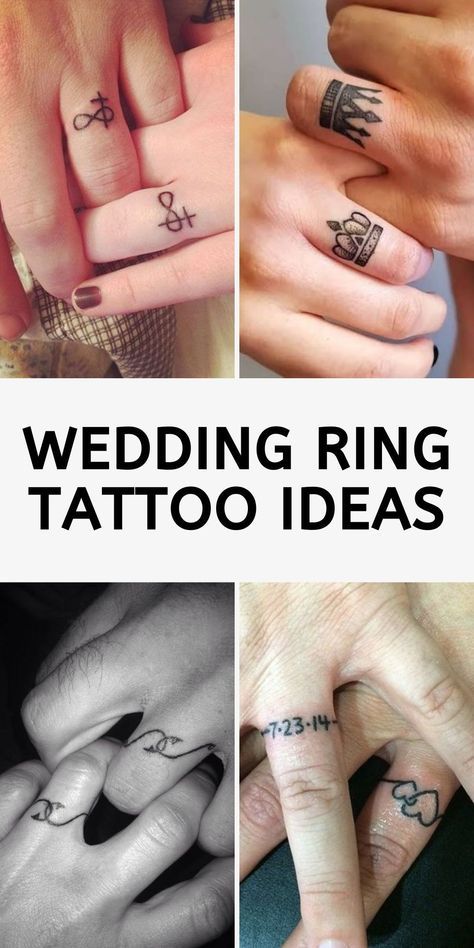 Always And Forever Ring Tattoo, Ring Couple Tattoos, Wedding Ring Tattoos Men, Couples Wedding Ring Tattoos, Tattoo Rings For Men, Matching Ring Tattoos, Wedding Anniversary Tattoo Ideas, Wedding Band Tattoo For Her, Ring Tattoo Designs Wedding