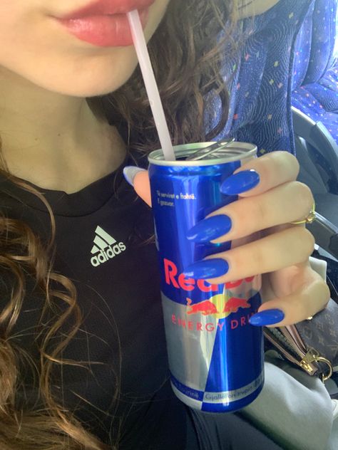 Blue nails and redbull Redbull Nails, Redbull Aesthetic, Electric Blue Nails, Impulsive Ideas, Red Bull Drinks, Beach Outfit Bikinis, Caffeine Drinks, Window Plants, Glitter Bottle