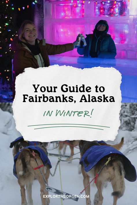 Get the comprehensive guide for visiting Fairbanks, Alaska in winter! 
Fairbanks, Alaska in winter is known for the World Ice Art Championships, Northern Lights, cross-country skiing, and so much else. It is a great place to visit in the winter months if you’re looking for adventure. While you might not be enjoying an ice cream in the heat of the sun like you would a typical vacation, you will be taking in the best that Alaska has to offer. Alaska In The Winter, Winter In Alaska, Fairbanks Alaska Things To Do In, Fairbanks Alaska Winter, Alaska In Winter, Dog Mushing, Northern Lights Viewing, Alaska National Parks, Alaska Northern Lights