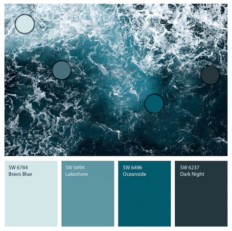 Oceanside Color Palette, Beach House Paint Colors Interior, Sherwin Williams Oceanside, Sherwin Williams Dark Night, Coastal Bathroom Colors, Country House Colors, Boho Paint Colors, Our Blues, Beach Color Palettes