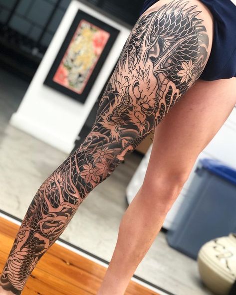 Dragon leg sleeve in the works @lighthouse_tattoo @thesolidink @lotusneedles . . . . . . . . . . . . #lighthousetattoostudio… Traditional Japanese Tattoo Leg Sleeve, Dragon Leg Sleeve, Dragon Tattoo Leg, Tattoo Leg Sleeve, Dragon Thigh Tattoo, Japanese Leg Tattoo, Tattoo Perna, Dragon Head Tattoo, Tattoo Pierna