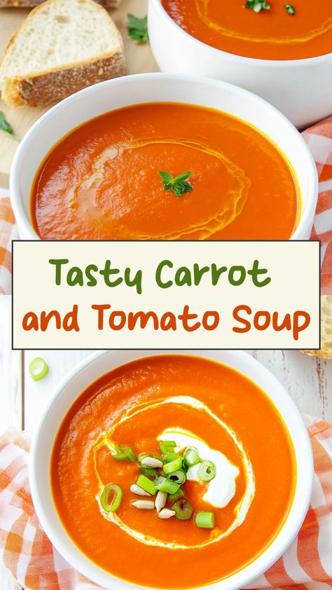 Indulge in the comforting flavors of hearty carrot and tomato soup. This delicious and nutritious dish is perfect for cozy evenings at home or a quick lunch on a busy day. Packed with vitamins and bursting with freshness, this soup will warm your soul with every spoonful. Its vibrant orange color is both inviting to the eye and appetizing to the palate. Whether you're looking for a light meal or a satisfying starter, carrot and tomato soup is a versatile recipe that never disappoints. Tomato Carrot Soup Recipe, Tomato Carrot Soup, Vegan Tomato Soup, Carrot Soup Recipes, Cream Of Tomato, Tomato Soup Homemade, Tomato Soup Recipe, Tomato Basil Soup, Easy Cream