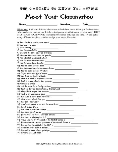 Meet Your Classmates worksheet​ First Week Activities, Get To Know You Activities, First Day Activities, First Day Of School Activities, Beginning Of The School Year, 1st Day Of School, Beginning Of School, Back To School Activities, Teaching Classroom