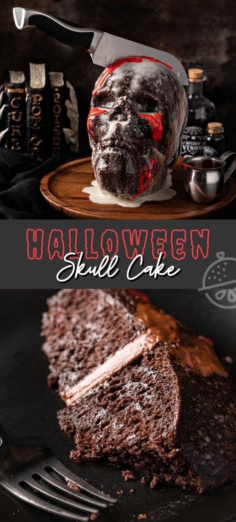 This creepy and frightfully delicious Skull Cake is easily made with store-bought boxed cake mix as the base, put together with a decadent chocolate buttercream filling and covered with a shiny coat of vanilla glaze. #lemonblossoms #cake #halloween #cakemix #easy #halloweentreatsweek #dessert #chocolate Skull Cake Recipe, Skull Cake Pan Recipe, Mummy Cake Ideas, Halloween Skull Cake Ideas, Chocolate Skull Cake, Spooky Cakes Scary Halloween, Wilton Skull Cake Pan Ideas, Skull Cakes Ideas, Creepy Halloween Cakes