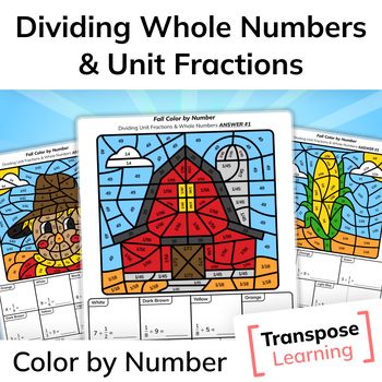 These Autumn color by code dividing fractions worksheets are the perfect activity for helping students practice fraction division. The coloring page worksheets are easily printable and have many division facts.  Why is this resource useful?Do you ever find yourself scrambling for last-minute no-prep math activities? If so, this themed collection of printable math coloring worksheets will be perfect for keeping your students engaged when you're in a hurry. The coloring pages are great for math review, summer schools, and emergency sub plans.What's Included?Includes 6 color by number activities bundled into one PDF file ready to be printed. An answer PDF is also included that contains answers to the questions and fully colored-in pictures.How to UseTeacher:Print out worksheetsPrepare colorin