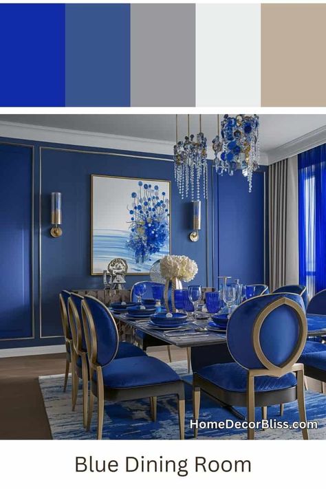 Blue Dining Room: Opulent Velvet Chairs and Crystal Chandeliers Blue Dining Room, Room Concept, Velvet Chairs, Dining Room Blue, Bedroom Wall Paint, Wallpaper Walls Decor, Dining Room Wall Decor, Crystal Chandeliers, Living Room Windows