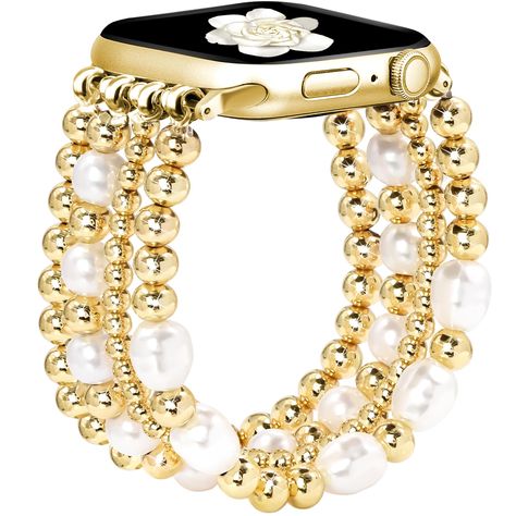 PRICES MAY VARY. Stylish Beaded Bracelet：JR.DM beaded apple watch bands are made of exquisitely crafted pearls and 14K real gold plating beads, which are not easy to fade and can keep luster for a long time. It can decorate your iPhone watch to be jewelry, more delicate and bling than a normal watch Easy Installation：The stainless steel adaptors at both ends of the fancy apple watch band can be accurately and securely locked on your watch, easy to install and remove. You can just put it on and o Beaded Apple Watch Bands, Apple Watch Bands Gold, Gold Apple Watch Band, Cute Apple Watch Bands, Apple Watch Bands Fashion, Jewellery Business, Wishlist 2024, Apple Band, Fancy Fashion