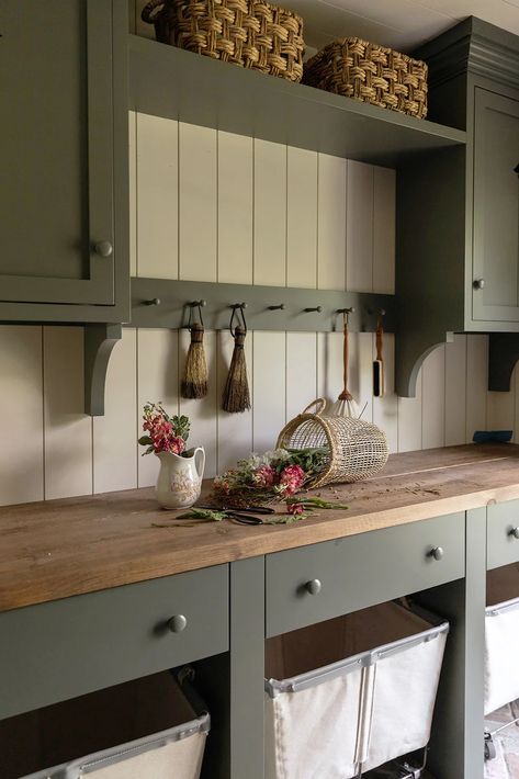 An Old English-Inspired Laundry Room Reno That’s Still Extremely Practical English Laundry Room, Green Laundry Room, Cottage Laundry Room, Junk Drawer Organizing, Country Laundry Rooms, Green Laundry, Laundry Room/mud Room, Mudroom Laundry Room, Laundry Room Renovation