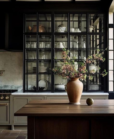 Dark Kitchen Decor, Dark Gray Kitchen Cabinets, Dark Grey Kitchen, Dark Kitchen, Kitchen Farmhouse, Grey Kitchen Cabinets, Kitchen Inspiration Design, March 8, Glass Cabinet