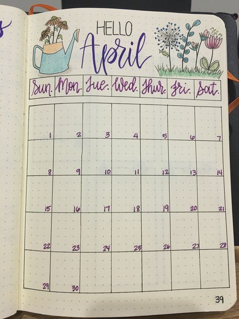 My monthly calendar for April. #calendar #april #bujo #bullet #bulletjournal #monthly #monthlycalendar #flowers #penteltouch #rhodianotebook #tombow #moderncalligraphy Bullet Journal April Calender, April Calendar Doodles, April Calendar Ideas White Board, April Planner Ideas, Diy Calendar Ideas Notebooks, Bujo Calendar Monthly, May Calendar Ideas, Bullet Journal Calendar Ideas, Monthly Planner Ideas