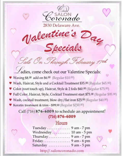 Salon Coronado Valentines Special 2830 Delaware ave kenmore NY 14217 716-876-6009 Valentines Promotion Ideas Salon, Valentine’s Day Facial Specials, Salon Valentines Day Specials, Valentines Promotion Ideas, Beauty Business Ideas, Hair Advertising, Ideas Salon, Promotion Ideas, Root Touch Up