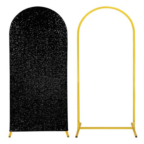 PRICES MAY VARY. 【Sequin Arch Backdrop Stand Set】You will receive a gold metal arch backdrop stand that is 6ft high and 2.6ft wide, as well as an arch backdrop stand cover black sequin of the same size and an installation manual. 【High Quality】Our wedding arches are all made of high-quality metal, which is sturdy.The arch cover is made of high elastic spandex,black sequins are embellished on the front and classic black on the back. 【Design and Assembly】The square tube and base used in the arch a Metal Arch Backdrop, Arch Backdrop Stand, Glitter Backdrop, Banquet Decorations, Arch Backdrop, Metal Arch, Wedding Arches, Black And White Background, Back Drop