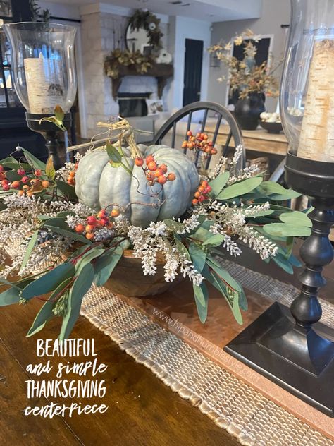 How To Create A Simple And Beautiful Thanksgiving Centerpiece * Hip & Humble Style Fall Centerpieces, Rustic Mantel, Clear Ornaments, Christmas Decor Inspiration, Tablescape Inspiration, Harvest Table, Thanksgiving Centerpieces, Christmas Mantels, Christmas Table Settings