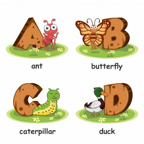 Ant butterfly caterpillar duck wooden an... | Premium Vector #Freepik #vector #school #kids #wood #children Butterfly Caterpillar, Ocean Books, Animals Alphabet, Cute Dolphin, Kids English, Animal Alphabet, Art N Craft, Kids Wood, Letter D