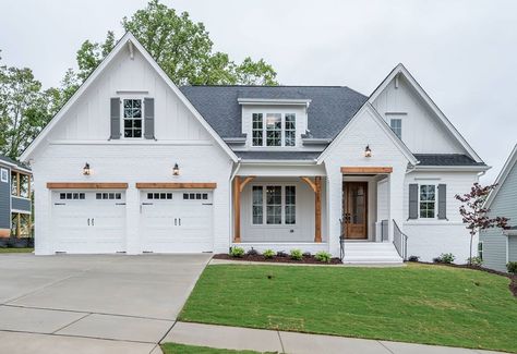 Austin Robertson on Instagram: “Europeon influence at its finest! 🤩👌We love the elevation on this home and how the mixed materials of siding, painted brick and cedar…” Vertical Siding Exterior, Perfect White Paint, Sherwin Williams Snowbound, White Paint Color, Vertical Siding, Greek Villas, Cabin Exterior, Colored Ceiling, White Windows