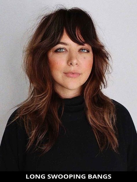 Ask for this modern long swooping bangs if you want a modern style! To get all of the details for this style, tap here and also check out the rest of these 26 trendiest bangs for women with small foreheads - here's how to get it. // Photo Credit: @tyler_the_hairstylist on Instagram Small Forehead, Bangs Hairstyle, Bangs For Women, Wavy Haircuts, Hair With Bangs, Long Hair With Bangs, Curly Bob Hairstyles, Good Hair Day, Hair Envy