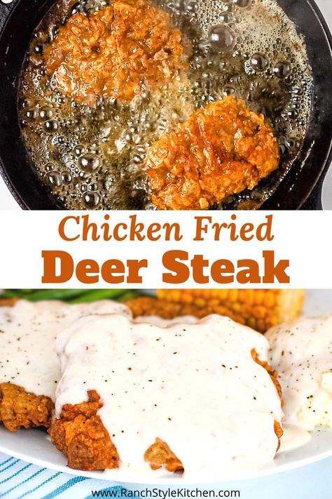 Country Fried Deer Steak, Chicken Fried Backstrap, White Tail Deer Recipes, Deer Minute Steak Recipe, Fried Steak Dinner Ideas, Chicken Fried Deer Steak, Venison Fried Steak Recipes, Fried Deer Backstrap, Fried Deer Meat