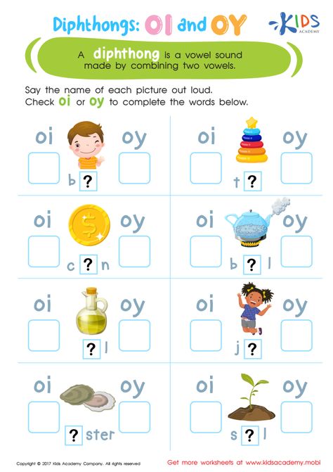 Review tricky spellings and increase your child’s reading and spelling skills using this vowel diphthongs oi oy worksheet! Dipthongs Worksheets, Oy Worksheets, Reading Simplified, Phonics Rhymes, Vowel Diphthongs, Oi Oy, Apple Classroom, Rhyming Worksheet, Phonics Readers