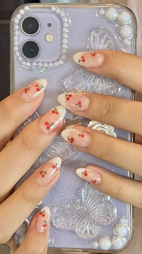 Short Nail Designs Cherry, Cute Nail Extensions, Cherries Nail Art, Simple Cherry Nails, Cool Nail Inspo Simple, Nails For Kids Short, Red Simple Nails, Short Simple Nail Designs, Cherry Design Nails