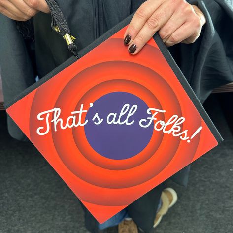 Parks And Rec Grad Cap Decoration, Graduation Cap Parks And Rec, In The Heights Graduation Cap, Thats All Folks Grad Cap, Graduation Cap Designs Movies, That’s All Folks Graduation Cap, Grad Cap Design, Grad Cap Decorations, Funny Graduation Caps