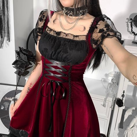 Punk Gothic Vintage Velvet Croset Dress SS2309 - Harajuku Kawaii Fashion Anime Clothes Fashion Store - SpreePicky Croset Dress, Mode Emo, Black Lace Mini Dress, Gothic Vintage, Goth Dress, Dress Aesthetic, Black Velvet Dress, Gothic Outfits, Grunge Style