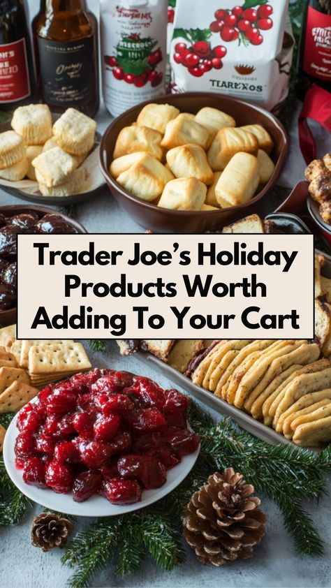 A selection of Trader Joe's holiday products, featuring festive snacks and exclusive seasonal treats perfect for holiday celebrations and entertaining. Trader Joe’s Christmas Dessert Board, Trader Joe’s Theme Party, Trader Joes Board Ideas, Vegan Recipes Trader Joes, Trader Joes Frozen Appetizers, Trader Joe's Frozen Meals, Trader Joe’s Charcuterie Christmas, Trader Joes Holiday Appetizers, Trader Joes Christmas Appetizers